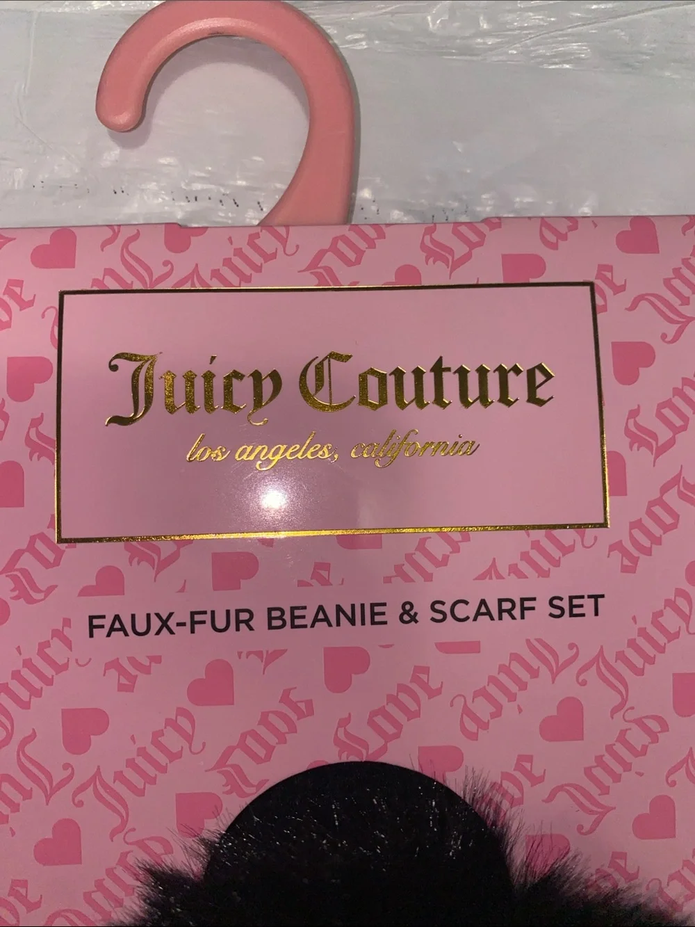 Juicy Couture Black Rhinestone Heart Pom Beanie and Scarf Set